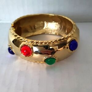 Gold Tone Hinged Bracelet Multicolor Glass Gemstones Unmarked